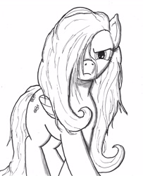 Size: 2319x2861 | Tagged: safe, artist:bigmacintosh2000, character:fluttershy, angry, female, hair over one eye, ink, messy mane, monochrome, solo, traditional art