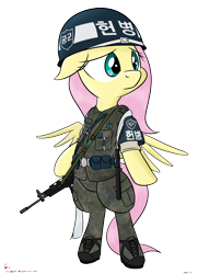 Size: 3000x4138 | Tagged: safe, artist:orang111, character:fluttershy, species:pegasus, species:pony, air force, bipedal, camouflage, daewoo k2, female, gun, helmet, korean, military, military police, military uniform, simple background, solo, standing on two hooves, transparent background, weapon