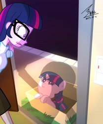 Size: 2972x3561 | Tagged: safe, artist:bluse, character:twilight sparkle, character:twilight sparkle (scitwi), species:eqg human, species:pony, my little pony:equestria girls, adoption, baby, baby pony, babylight sparkle, box, cardboard box, cute, filly, filly twilight sparkle, foal, glasses, human ponidox, looking at each other, my little twily, ponidox, pony in a box, sad, self paradox, show accurate, signature, twiabetes, wide eyes