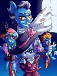 Size: 3000x4000 | Tagged: safe, artist:discorded, character:rainbow dash, character:rarity, character:spitfire, character:wind rider, episode:rarity investigates, g4, my little pony: friendship is magic, bow tie, candy, candy cane, clothing, detective, detective rarity, hat, letter, open mouth, rainbow dash always dresses in style, scarf, wonderbolts uniform