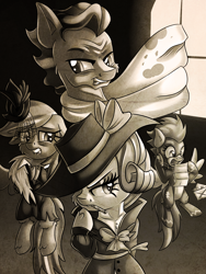 Size: 3000x4000 | Tagged: safe, artist:discorded, character:rainbow dash, character:rarity, character:spitfire, character:wind rider, episode:rarity investigates, g4, my little pony: friendship is magic, candy, candy cane, clothing, detective, detective rarity, grayscale, hat, letter, monochrome, noir, scarf, wonderbolts uniform