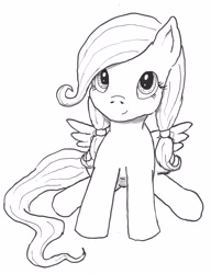 Size: 2150x2800 | Tagged: safe, artist:bigmacintosh2000, character:fluttershy, species:pegasus, species:pony, alternate hairstyle, colorless, cute, female, filly, filly fluttershy, looking at you, looking up, monochrome, pigtails, shyabetes, simple background, sitting, smiling, solo, traditional art, white background