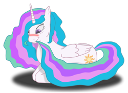 Size: 1100x800 | Tagged: safe, artist:virenth, character:princess celestia, species:alicorn, species:pony, blushing, female, mare, missing accessory, nom, prone, simple background, smiling, solo, tail bite, transparent background
