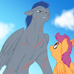 Size: 1280x1280 | Tagged: safe, artist:foxenawolf, character:descent, character:scootaloo, species:pegasus, species:pony, fanfic:piercing the heavens, eye contact, fanfic art, female, filly, looking at each other, male, scar, sky, stallion