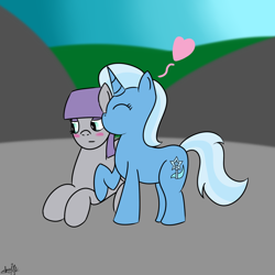 Size: 1000x1000 | Tagged: safe, artist:spritepony, character:maud pie, character:trixie, species:pony, species:unicorn, ship:mauxie, blushing, female, heart, kissing, lesbian, mare, shipping