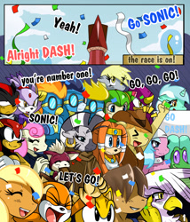 Size: 1100x1285 | Tagged: safe, artist:ss2sonic, character:aloe, character:bon bon, character:braeburn, character:derpy hooves, character:gilda, character:gummy, character:hoops, character:lyra heartstrings, character:soarin', character:spitfire, character:surprise, character:sweetie drops, character:zecora, species:anthro, species:griffon, species:pony, species:zebra, anthro with ponies, blaze the cat, chip, comic, cosmo the seedrian, crossover, marine the raccoon, mighty the armadillo, ray the flying squirrel, sega, shadow the hedgehog, sonic the hedgehog (series), tikal