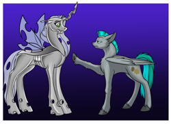 Size: 700x509 | Tagged: safe, artist:foxenawolf, oc, oc only, oc:free agent, oc:whirring cogs, species:changeling, species:pegasus, species:pony, fanfic:a different perspective, changeling queen, changeling queen oc, fanfic art, female, green eyes, raised hoof, unshorn fetlocks, white changeling