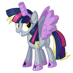 Size: 1440x1440 | Tagged: safe, artist:thecheeseburger, character:derpy hooves, character:twilight sparkle, character:twilight sparkle (alicorn), species:alicorn, species:pony, episode:scare master, g4, my little pony: friendship is magic, alicorn costume, clothing, costume, fake horn, fake wings, female, mare, nightmare night costume, simple background, solo, toilet paper roll, toilet paper roll horn, twilight muffins, wig