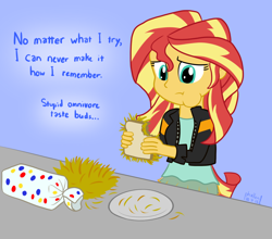 Size: 1000x880 | Tagged: safe, artist:phallen1, character:sunset shimmer, my little pony:equestria girls, 30 minute art challenge, eating, female, hay, homesick shimmer, humans doing horse things, monologue, omnivore, sandwich, solo, sunset wants her old digestive system back, thought bubble, wonder bread