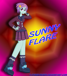 Size: 2917x3305 | Tagged: safe, artist:cyber-murph, character:sunny flare, equestria girls:friendship games, g4, my little pony: equestria girls, my little pony:equestria girls, bad anatomy, bow tie, clothing, crystal prep academy, crystal prep academy uniform, crystal prep shadowbolts, female, hand on hip, pleated skirt, school uniform, signature, skirt, solo, wristband