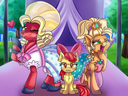 Size: 4000x3000 | Tagged: safe, artist:discorded, character:apple bloom, character:applejack, character:big mcintosh, species:earth pony, species:pony, episode:brotherhooves social, g4, my little pony: friendship is magic, :i, apple bloom is not amused, apple siblings, applejewel, blowing a kiss, chest fluff, crossdressing, female, filly, fluffy, heart, looking at you, male, mare, noblewoman's laugh, orchard blossom, stallion, this will end in angry countryisms, unamused, unshorn fetlocks