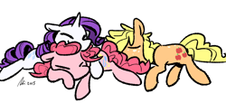 Size: 1280x584 | Tagged: safe, artist:rwl, character:applejack, character:pinkie pie, character:rarity, ship:applepie, ship:rarijack, ship:raripie, cuddling, female, implied shipping, lesbian, ot3, polyamory, rariapplepie, shipping, sleeping, snuggling