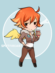 Size: 758x1000 | Tagged: safe, artist:spittfireart, character:spitfire, species:human, bedroom eyes, breasts, chibi, cleavage, coffee, cute, female, humanized, nudity, smiling, solo
