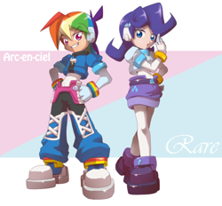 Size: 1600x1483 | Tagged: safe, artist:thegreatrouge, character:rainbow dash, character:rarity, species:human, aile, bracelet, crossover, equestria girls outfit, humanized, megaman, megaman zx, vent, wristband