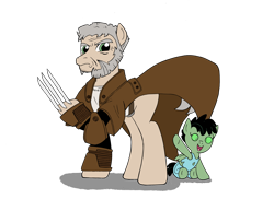 Size: 3508x2552 | Tagged: safe, artist:edcom02, artist:jmkplover, species:earth pony, species:pegasus, species:pony, bruce banner jr., claws, clothing, coat, foal, logan, marvel, old man logan, ponified, simple background, the incredible hulk, transparent background, trenchcoat, wolverine, x-men