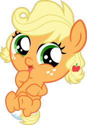 Size: 4183x6000 | Tagged: safe, artist:magister39, character:applejack, species:pony, episode:the one where pinkie pie knows, g4, my little pony: friendship is magic, absurd resolution, baby, baby pony, babyjack, cute, dawwww, diabetes, diaper, female, freckles, hnnng, jackabetes, open mouth, simple background, solo, tongue out, transparent background, underhoof, vector, weapons-grade cute