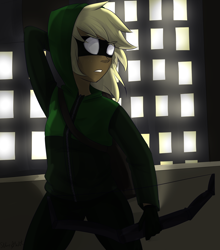 Size: 2200x2500 | Tagged: safe, artist:silbersternenlicht, character:applejack, species:human, archer, arrow, arrowverse, bow (weapon), bow and arrow, clothing, crossover, dc comics, female, gloves, green arrow, hoodie, humanized, looking back, mask, pants, quiver, solo, the arrow