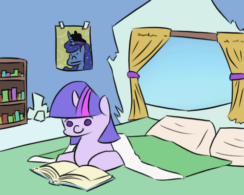 Size: 500x400 | Tagged: safe, artist:liracrown, character:princess celestia, character:princess luna, character:twilight sparkle, :t, :|, adorkable, animated, bed, blanket, book, bookshelf, cute, dork, female, frown, inconspiculestia, peeking, pillow, poster, prone, reading, smiling, stare, sun, twiabetes, twilight's castle, wat, wide eyes, window, worried