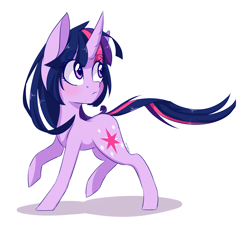 Size: 2300x2100 | Tagged: safe, artist:silbersternenlicht, character:twilight sparkle, character:twilight sparkle (unicorn), species:pony, species:unicorn, g4, eyebrows, eyebrows visible through hair, female, looking sideways, mare, raised hoof, raised leg, signature, simple background, solo, three quarter view, white background