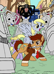 Size: 2552x3508 | Tagged: safe, artist:edcom02, artist:jmkplover, character:derpy hooves, character:dinky hooves, character:doctor whooves, character:time turner, species:pony, crossover, cyberman, david tennant, doctor who, male, ponified, ponyville, sonic screwdriver, stallion, tardis, tenth doctor, the doctor