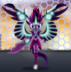 Size: 1052x1060 | Tagged: safe, artist:brother orin, artist:dashiemlpfim, artist:shapes4free, character:midnight sparkle, character:twilight sparkle, character:twilight sparkle (scitwi), species:eqg human, equestria girls:friendship games, g4, my little pony: equestria girls, my little pony:equestria girls, aria, armor, blade, clothing, crossover, cyborg, dress, female, glowing eyes, horn, killer instinct, looking at you, midnight sparkle, robot, solo, twibot, wings