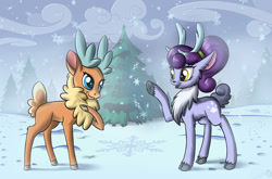 Size: 1024x674 | Tagged: safe, artist:sirzi, community related, character:velvet reindeer, oc, oc:niceprill, species:deer, species:reindeer, them's fightin' herds, duo, fir-tree, nordeer, snow, snowfall