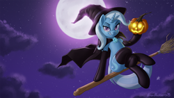 Size: 1920x1080 | Tagged: safe, artist:brianblackberry, character:trixie, species:pony, species:unicorn, bedroom eyes, broom, cape, clothing, cloud, crossed legs, evening gloves, female, flying, flying broomstick, full moon, gloves, grin, hat, jack-o-lantern, latex, latex gloves, looking at you, mare, moon, night, night sky, pumpkin, sitting, smiling, socks, solo, stars, thigh highs, wallpaper, witch, witch hat