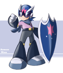 Size: 2665x3117 | Tagged: safe, artist:thegreatrouge, character:shining armor, equestria girls:friendship games, g4, my little pony: equestria girls, my little pony:equestria girls, alumnus shining armor, armor, clothing, crossover, crystal prep academy, crystal prep shadowbolts, human coloration, male, megaman, proto man, shield, solo, visor