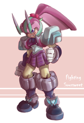 Size: 850x1248 | Tagged: safe, artist:thegreatrouge, character:sour sweet, equestria girls:friendship games, g4, my little pony: equestria girls, my little pony:equestria girls, armor, bow tie, capcom, clothing, crossover, crystal prep academy, crystal prep shadowbolts, female, fighting fefnir, fist, freckles, megaman, megaman zero, pleated skirt, skirt, solo