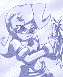 Size: 801x973 | Tagged: safe, artist:thegreatrouge, character:rarity, equestria girls:rainbow rocks, g4, my little pony: equestria girls, my little pony:equestria girls, armor, bow tie, clothing, crossover, female, glasses, looking at you, megaman, megaman zx, monochrome, shine like rainbows, solo, visor