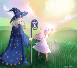 Size: 2500x2200 | Tagged: safe, artist:silbersternenlicht, character:princess celestia, character:star swirl the bearded, species:human, au:eqcl, barefoot, cape, child, clothing, commission, dress, feet, grass, hat, humanized, magic, open mouth, pink-mane celestia, shocked, signature, smiling, staff, sun, sun work, wide eyes, wizard hat, younger