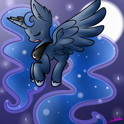 Size: 800x800 | Tagged: safe, artist:ashee, character:princess luna, species:alicorn, species:pony, crying, cute, eyes closed, female, flying, mare, moon, night, open mouth, sad, signature, solo, spread wings, stars, wings