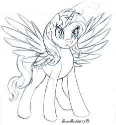 Size: 794x861 | Tagged: safe, artist:brianblackberry, character:sunset shimmer, species:alicorn, species:pony, alicornified, female, frown, magic, monochrome, race swap, shimmercorn, sketch, solo, spread wings, wings