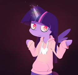 Size: 2800x2700 | Tagged: safe, artist:hoodie, character:twilight sparkle, character:twilight sparkle (alicorn), species:alicorn, species:pony, bipedal, clothing, female, gradient background, hoodie, magic, semi-anthro, solo