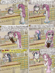 Size: 1024x1360 | Tagged: safe, artist:meiyeezhu, character:pinkie pie, species:human, old master q, anime, apothecary, censored dialogue, clothing, comic, cut and paste, dress, drowsy, drugs, elated, funny, hilarious, humanized, humanized ponified human, jar, jars, medicine, oops, pajamas, parody, shocked, sick, sleepy, suppository, tired, traditional art, uh oh, unexpected, whoops