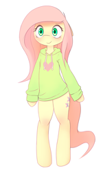 Size: 1200x2000 | Tagged: safe, artist:hoodie, character:fluttershy, species:pony, bipedal, clothing, female, floppy ears, hoodie, semi-anthro, simple background, solo, white background