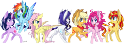 Size: 7000x2500 | Tagged: safe, artist:silbersternenlicht, character:applejack, character:fluttershy, character:pinkie pie, character:rainbow dash, character:rarity, character:sunset shimmer, character:twilight sparkle, species:pony, absurd resolution, alternate mane seven, backwards cutie mark, bandana, clothing, cowboy hat, floating, group, hat, mane six, open mouth, plot, raised hoof, signature, smiling, stetson, when she smiles