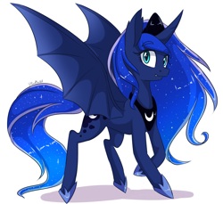 Size: 2400x2200 | Tagged: safe, artist:silbersternenlicht, character:princess luna, species:alicorn, species:bat pony, species:pony, bat ponified, bat pony alicorn, fangs, female, lunabat, race swap, simple background, smiling, solo, white background