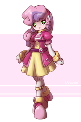 Size: 1600x2400 | Tagged: safe, artist:thegreatrouge, character:sweetie belle, episode:crusaders of the lost mark, g4, my little pony: friendship is magic, my little pony:equestria girls, armor, bracelet, clothing, crossed legs, crossover, cutie mark, female, looking at you, megaman, megaman zero, solo, the cmc's cutie marks