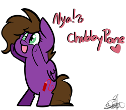 Size: 2104x1836 | Tagged: safe, artist:befishproductions, oc, oc only, oc:befish, species:pegasus, species:pony, :d, bipedal, chubby, cute, fat, female, heart, looking up, mare, open mouth, pone, signature, simple background, smiling, text, transparent background, underhoof