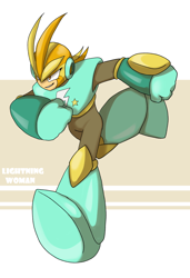 Size: 1600x2333 | Tagged: safe, artist:thegreatrouge, character:lightning dust, species:human, armor, capcom, clothing, crossover, female, humanized, megaman, quick man, running, solo
