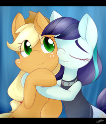 Size: 4000x4700 | Tagged: safe, artist:dshou, character:applejack, character:coloratura, ship:rarajack, episode:the mane attraction, g4, my little pony: friendship is magic, absurd resolution, clothing, cowboy hat, eyes closed, female, freckles, hat, hug, lesbian, rara, shipping, signature, stetson, that was fast