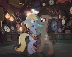 Size: 1600x1280 | Tagged: safe, alternate version, artist:radiantrealm, character:derpy hooves, character:doctor whooves, character:time turner, species:pony, ship:doctorderpy, accessory swap, blushing, clothing, cute, derpabetes, doctorbetes, floppy ears, male, scarf, shipping, show accurate, stallion, straight
