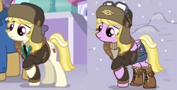 Size: 987x507 | Tagged: safe, artist:agm, edit, screencap, character:march gustysnows, oc, oc:dazzling "dodo" dusk, species:pegasus, species:pony, fallout equestria, episode:princess spike, g4, my little pony: friendship is magic, clothing, coat, coincidence, comparison, fallout equestria: the fossil, goggles, hat, hoof boots, shorts, stable-tec, ushanka, vault suit, winter