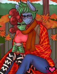 Size: 989x1280 | Tagged: safe, artist:ladypixelheart, oc, oc only, oc:software patch, oc:windcatcher, species:anthro, autumn, blanket, breasts, clothing, coffee, female, food, male, oc x oc, scarf, shared clothing, shared scarf, shipping, snuggling, straight, windpatch