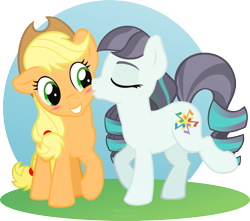 Size: 1277x1127 | Tagged: safe, artist:haretrinity, character:applejack, character:coloratura, ship:rarajack, episode:the mane attraction, g4, my little pony: friendship is magic, female, kiss on the cheek, kissing, lesbian, rara, shipping, simple background, transparent background