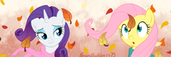 Size: 888x296 | Tagged: safe, artist:brianblackberry, character:fluttershy, character:rarity, :o, autumn, banner, clothing, cute, implied flarity, leaves, scarf, windswept mane