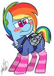 Size: 1138x1600 | Tagged: safe, artist:befishproductions, character:rainbow dash, episode:the cutie re-mark, amputee, apocalypse dash, artificial wings, augmented, clothing, crystal war timeline, female, mechanical wing, prosthetic limb, prosthetic wing, prosthetics, signature, simple background, socks, solo, striped socks, transparent background, wings