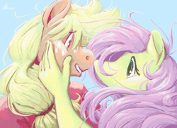 Size: 1280x929 | Tagged: safe, artist:rwl, character:applejack, character:fluttershy, species:anthro, ship:appleshy, female, height difference, lesbian, looking at each other, shipping, touching face