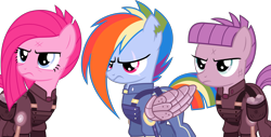 Size: 6000x3051 | Tagged: safe, artist:magister39, character:maud pie, character:pinkamena diane pie, character:pinkie pie, character:rainbow dash, episode:the cutie re-mark, absurd resolution, alternate timeline, amputee, apinkalypse pie, apocalypse dash, apocalypse maud, artificial wings, augmented, badass, clothing, crystal war timeline, epic, group, inkscape, mechanical wing, prosthetic limb, prosthetic wing, prosthetics, scar, simple background, torn ear, transparent background, vector, wings